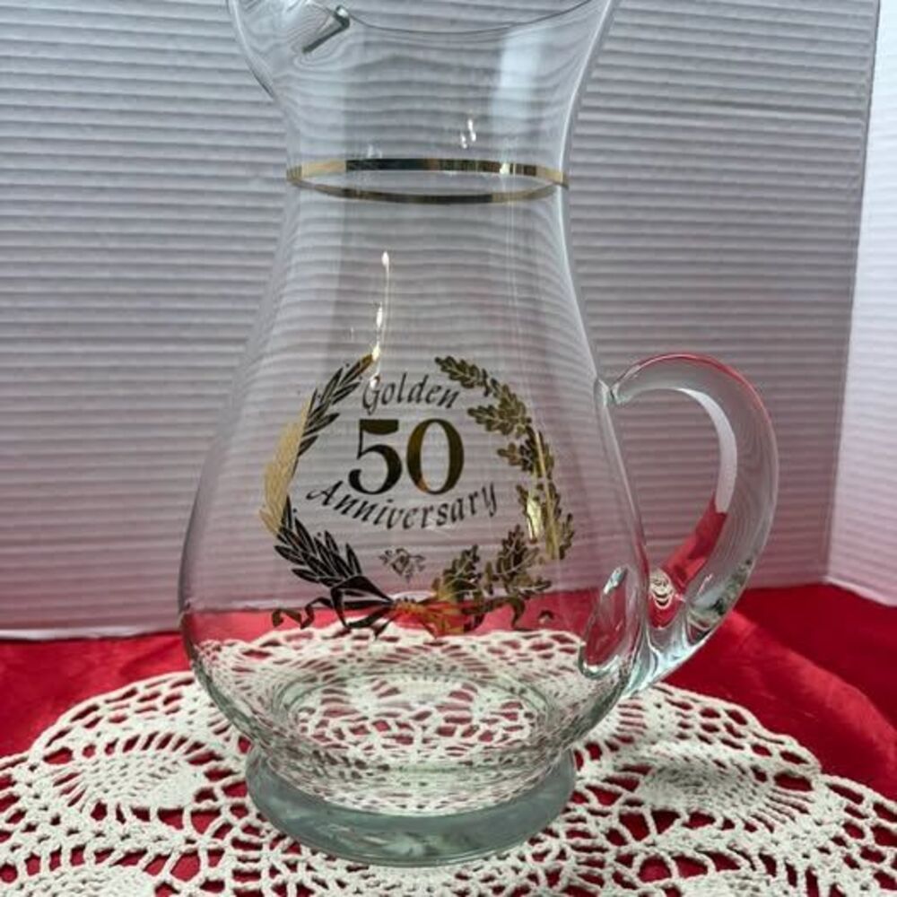 Vintage Golden 50th Anniversary Glass Pitcher